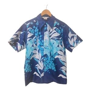 Vintage Lauhala Aloha 70s Hawaiian Shirt Blue Teal Medium Collectible Resort 704